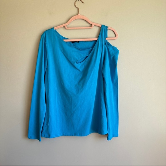 Boston Proper Blue Asymmetric Cut-Out Cold Shoulder Long Sleeve Top M - Picture 1 of 11